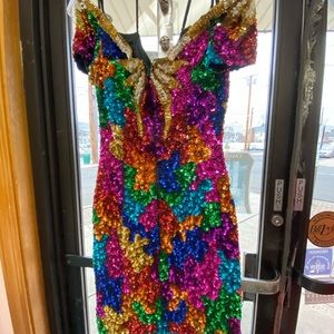 Party Dress, Multi Color Sequence, off shoulder